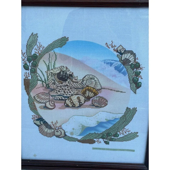 Something Special Ocean Beach Shell Scene Cross Stitch Kit Completed Frame 22x19 - Picture 7 of 9